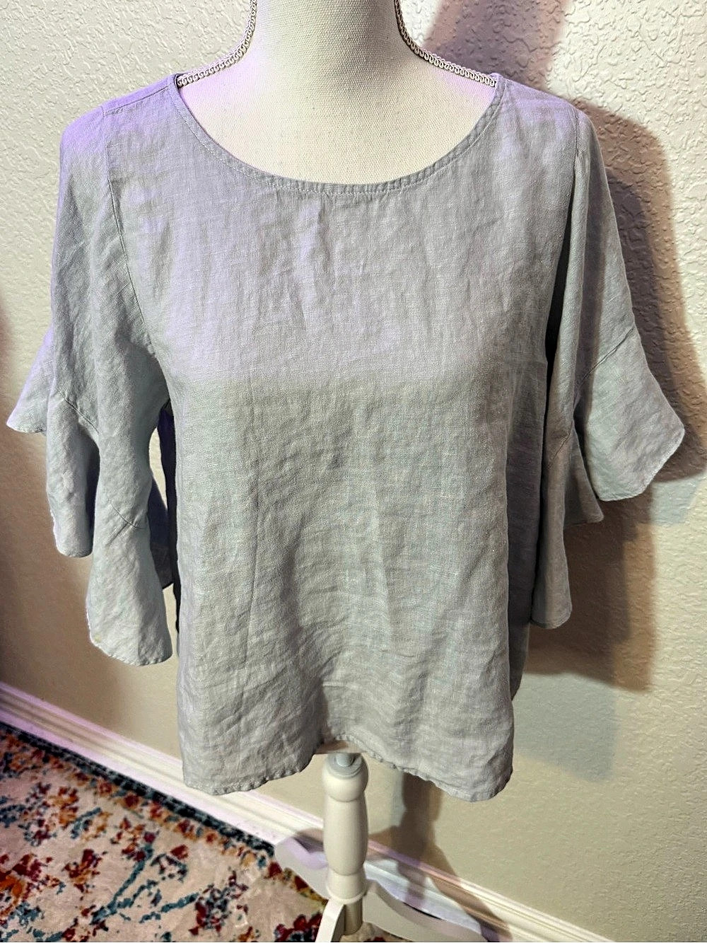 Velvet by Graham & Spencer Ruffle Sleeve Linen Blend Blouse in Blue Size XS (B2)